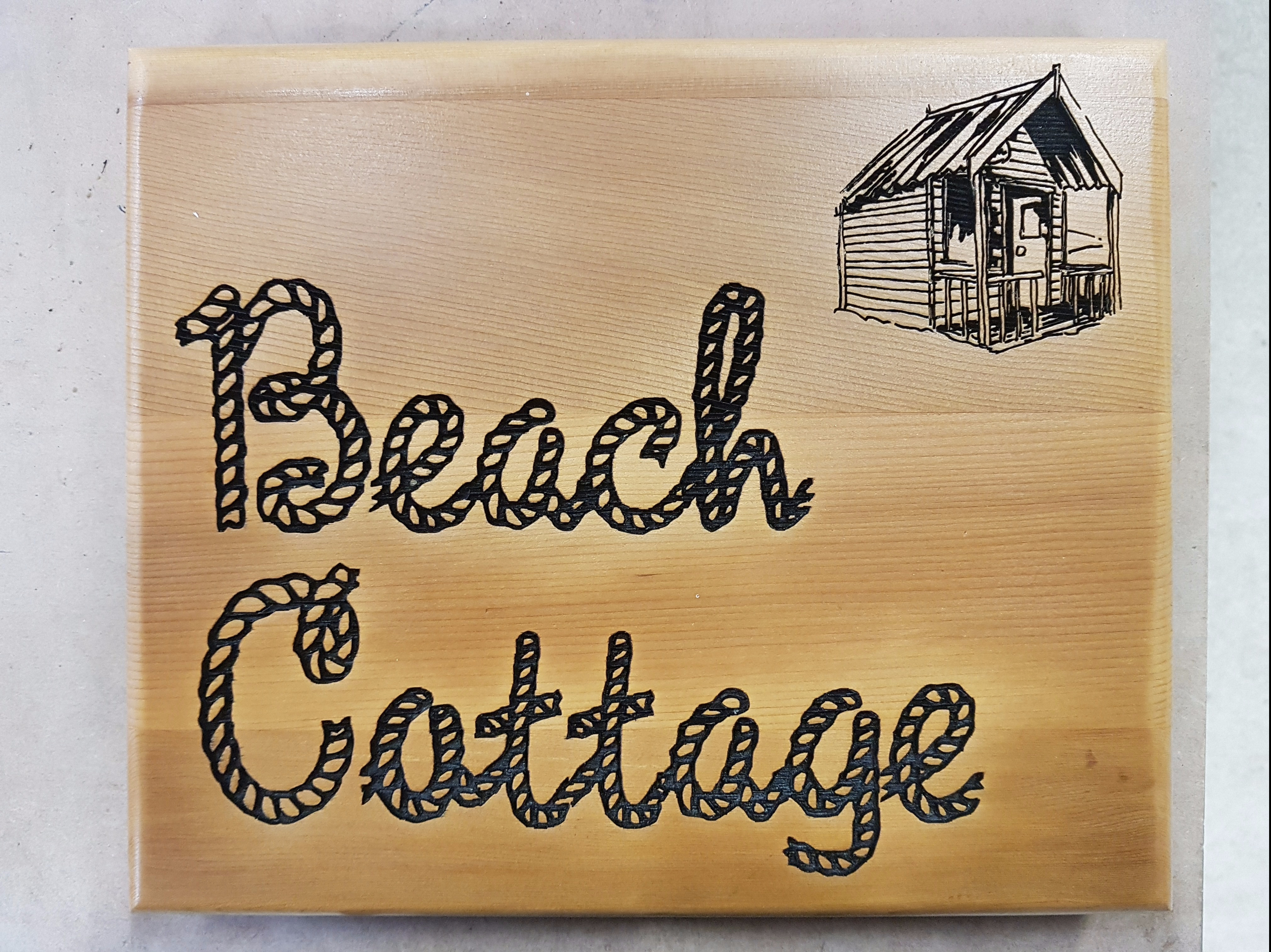 Wooden Oak Beach Sign with rope font