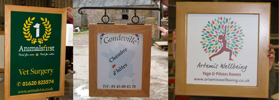 Framed hanging signs manufactured by craftsmen in Devon