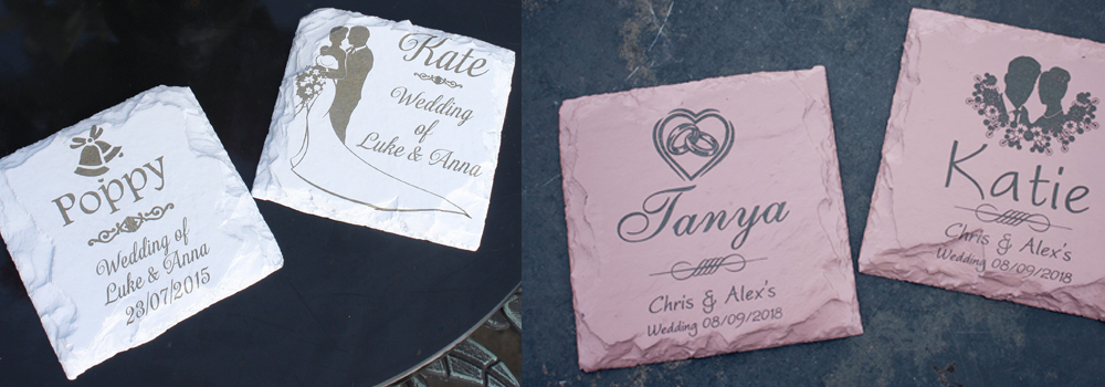 Painted wedding coasters crafted by The Sign Maker in North Devon
