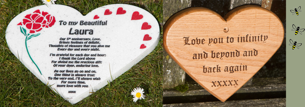 Corian or wooden hearts with a personalised message for valentines made by The Sign Maker.
